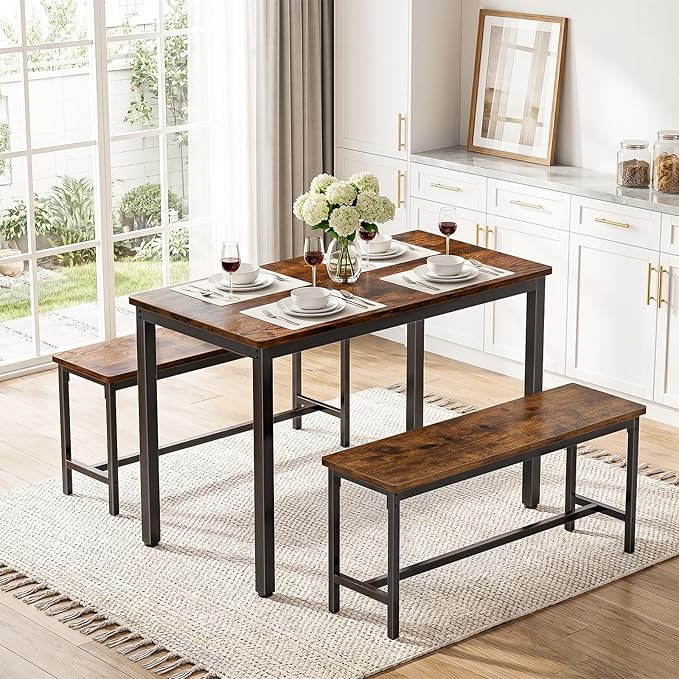 Dining Table Set for 4, Kitchen Table with 2 Benchs, Modern Functional 3-Piece Dining Room Table for Apartment Breakfast Nook and Samll Space, Brown