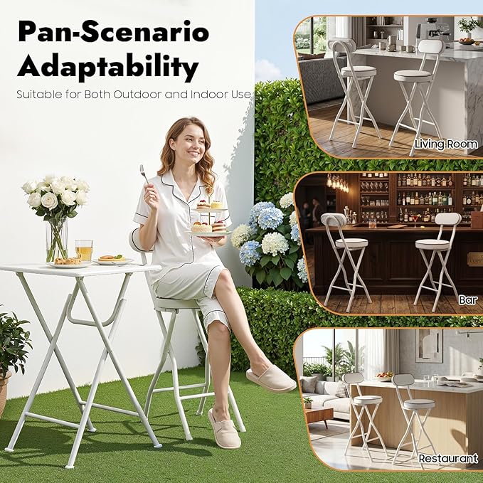2 PCS Folding Stool with Back 38.5 inch Tall Foldable Stool with Cushioned Padded Folding Bar Stools Metal Portable Chair Stools for Outdoor Indoor Kitchen Shop Cafe Garden Camping (White)