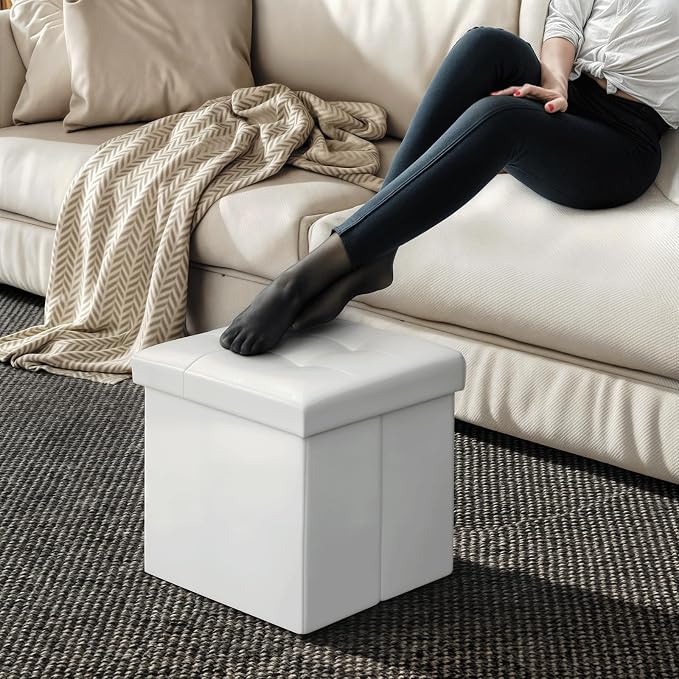 Magshion Folding Ottoman Cube, 15 x 15 x 15 Inches PU Leather Footrest Stool, Small Square Ottoman with Hidden 42L Storage for Entryway, Living Room, Dorm, Bedroom, White