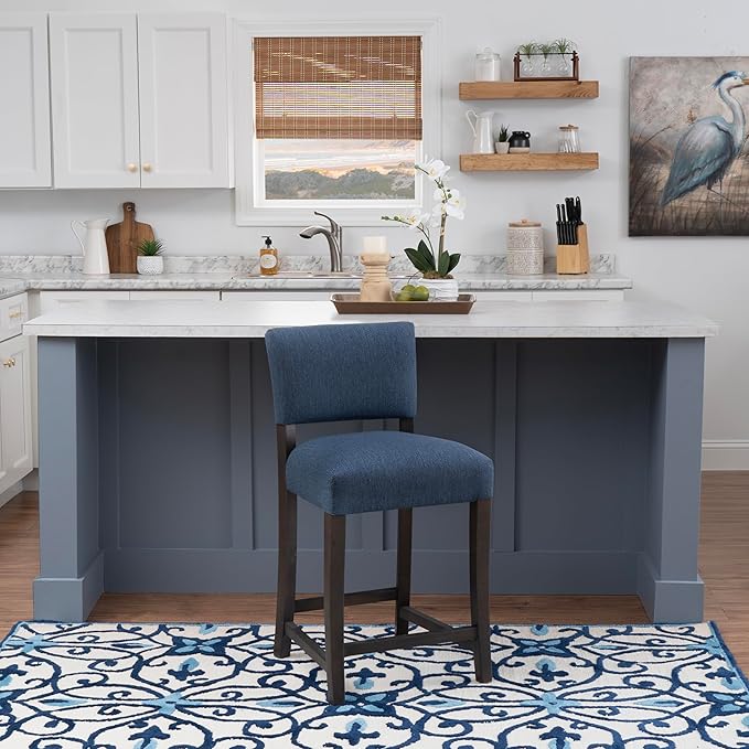 Linon Brasko Dark Espresso Wood with Dark Blue Upholstery 24" Seat Height Counter Stool in a Set of 2
