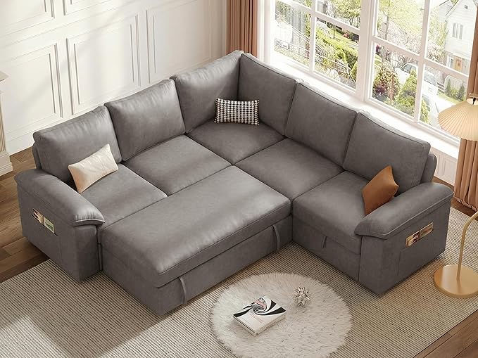 85 Inch Faux Leather Modular Sectional Sofa with Pull Out Bed, L Shaped 5 Seat Sectional Sleeper Sofa with Storage, Sectional Couches for Living Room, Cloud Modular Couch,Gray Leather