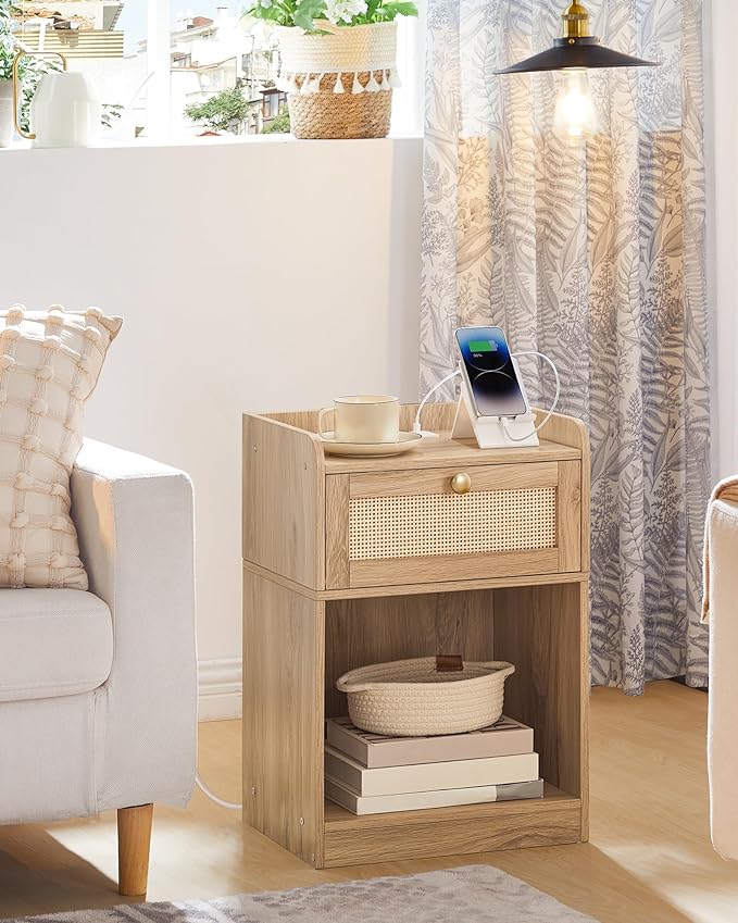 CHOEZON Rattan Nightstands Set of 2 with Charging Station, Boho Nightstand, Rattan Bedside Tables with Drawer, Storage Side Table with 2 USB Ports, Bedroom, Natural MBZ01UP2WO