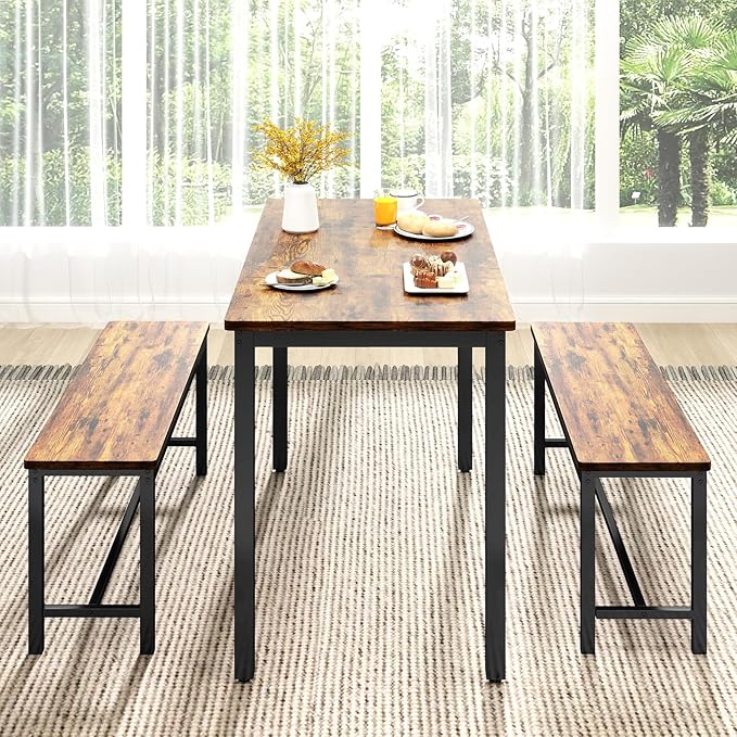 Rovibek 43" Dining Room Table Chairs Set for 4, Modern Space Saving Kitchen Table with 2 Benches & Adjustable Feet Breakfast Table, Wooden Industrial Style Farmhouse, Brown