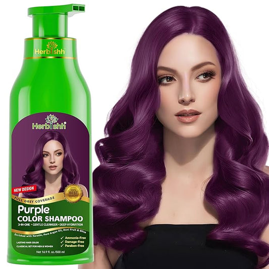 Herbishh Magic Hair Dye Shampoo – Colors Gray Hair in Minutes – Long Lasting – 500 Ml – 3-In-1 Ammonia-Free Color Treatment (Purple)