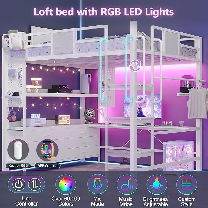 BYSAUD Loft Bed with Desk, Full Size loft Bed, Loft Beds Full Size with Stairs&5 Fabric Storage Drawers,Charging Station&LED Lights,Removable Guard Ladder, Noise Free, No Box Spring Needed (White)