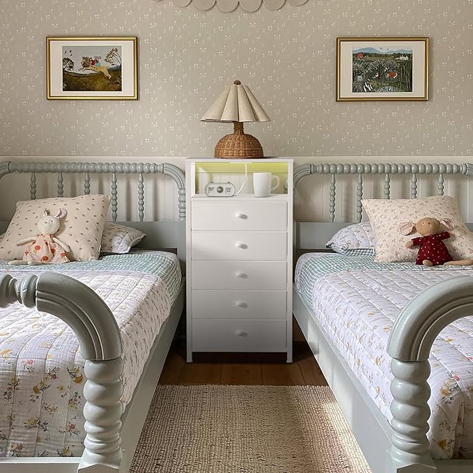 BOLUO White Dresser with 5 Drawers Tall Nightstand with Charging Station and LED Light, Bedside Table Room Storage Drawers Closet