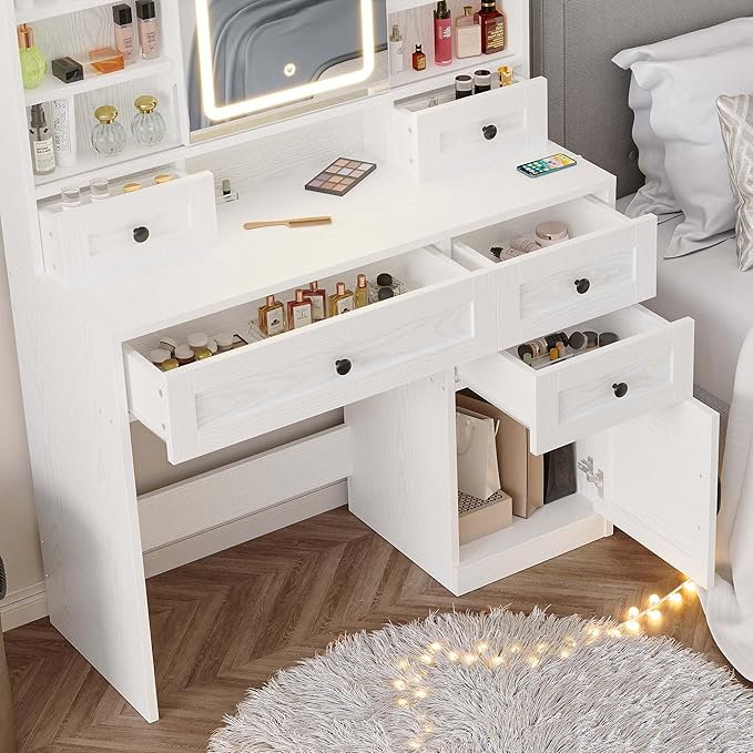IRONCK Vanity Desk with LED Lighted Mirror, Large Storage Makeup Vanity Table with 5 Drawers, Cabinet, 7 Open Shelves, Power Outlet, Storage Stool, Bedroom, White
