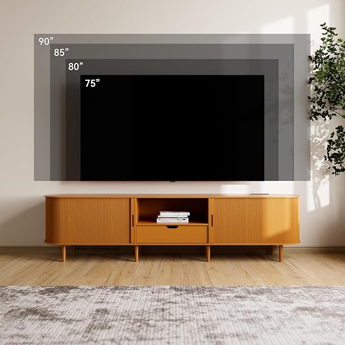 86.6" Fluted TV Stand with Power Outlet for TVs up to 90", TV Console with Adjustable Shelves and Sliding Door,Mid Century Modern Entertainment Center for Living Room,Bedroom (Yellow Walnut, 86.6Inch)