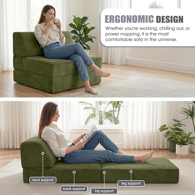 Kasunpul Folding Sofa Bed with Pillow, Memory Foam Fold Out Chair Bed, Convertible Sleeper Chair with Washable Cover, Futon Floor Couch for Living Room/Dorm/Guest Use/Home Office/Apartment, Green