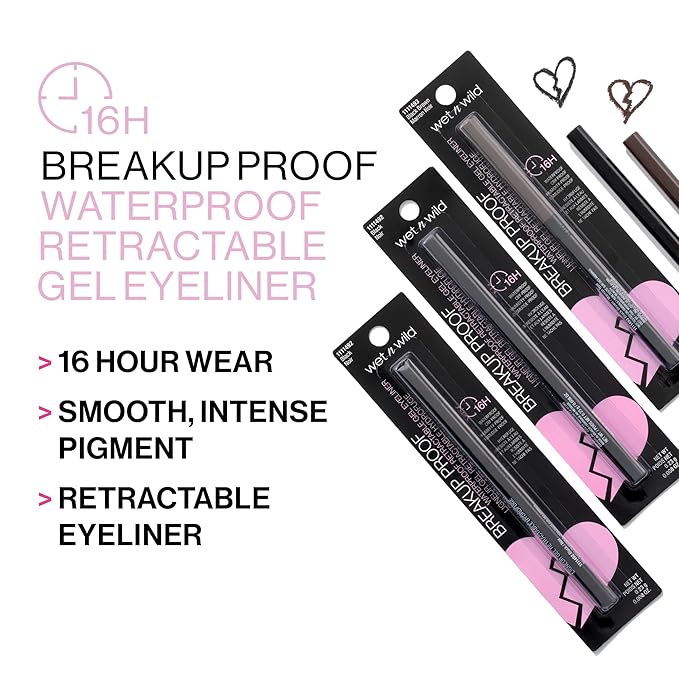 wet n wild Mega Last Breakup Proof Waterproof Retractable Gel Eyeliner - Ultra Pigmented 16-Hour Long Wear, Smudge Proof Satin Finish Formula, Cruelty-Free & Vegan - Intense Black