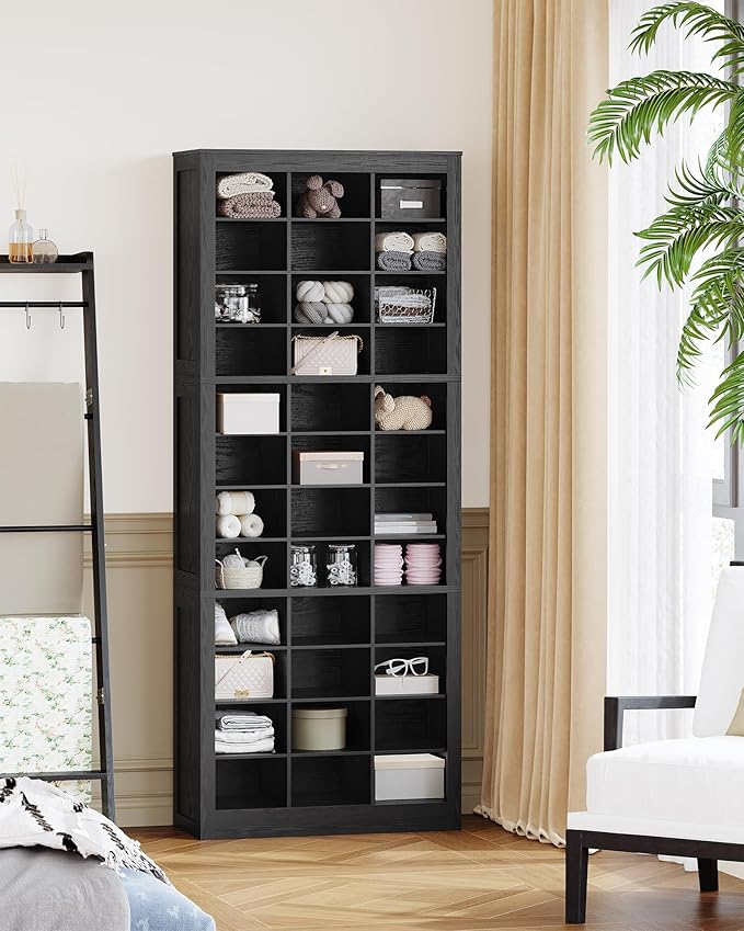 Hzuaneri Shoe Storage Cabinet, 36 Pairs Free Standing Closet Organizer, 9 inch Widened Cell Wood Shoe Organizer, 12 Tiers Vertical Space Saving Shoe Rack for Entryway, Cloakroom, Black SR20704X