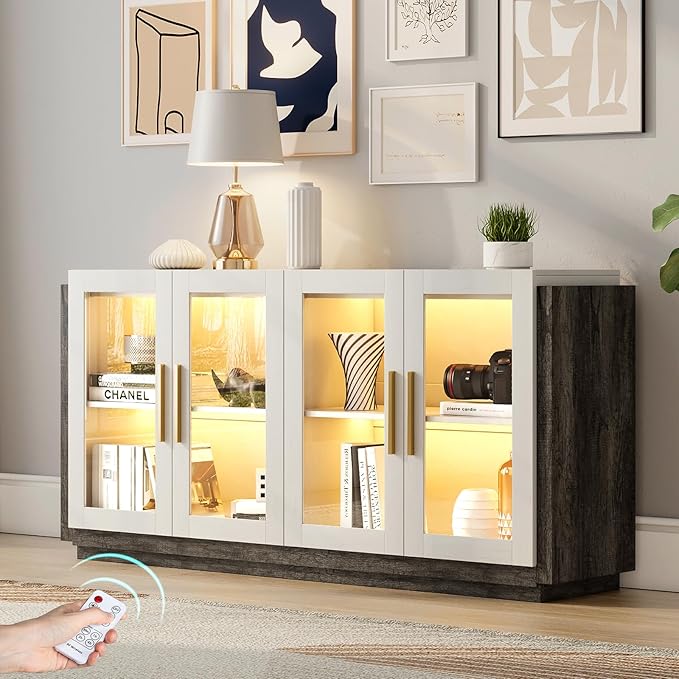 AMERLIFE Sideboard Buffet Cabinet, Mixed Color Accent Cabinet with LED Lights, Modern Glass Doors Storage Cabinets with Adjustable Shelf, Console Table for Dining, Living Room, White and Grey