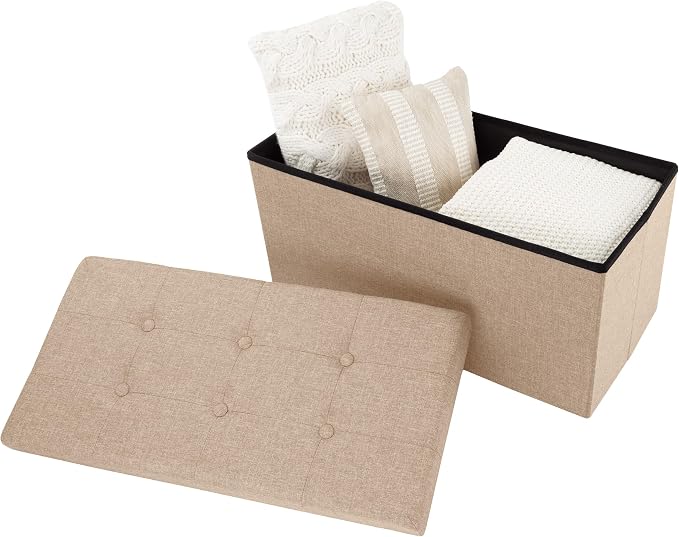 Lavish Home Folding Storage Ottoman - Set of 2 30-Inch Tufted Footrest, Linen Chest, or Bench with Removable Bin for Living Room, Bedroom, or Dorm (Beige)