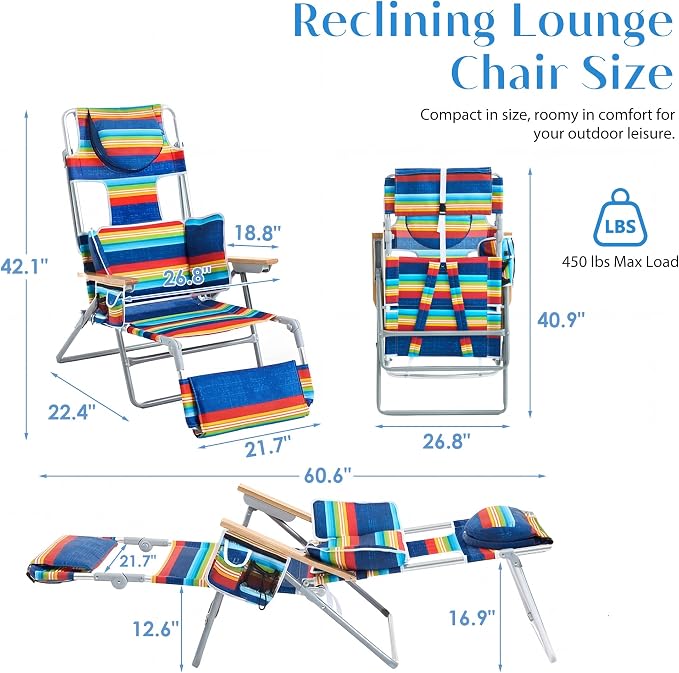 5-Positon Backpack Beach Chair, Portable Folding Tanning Chair, Double Shoulder Straps Beach Lounge Chair with Footrest, Face Hole, Towel Bar (Red Blue, 60.6" (Set of 2))