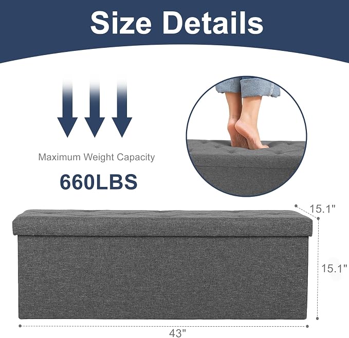 DUMOS 43 Inch Folding Storage Ottoman Bench, Spacious Hidden Organizer with Foam Cushioned Top, End of Bed Foot Rest Stool for Bedroom Living Room Entryway, Supports Up to 660 LBS, Linen Fabric, Gray