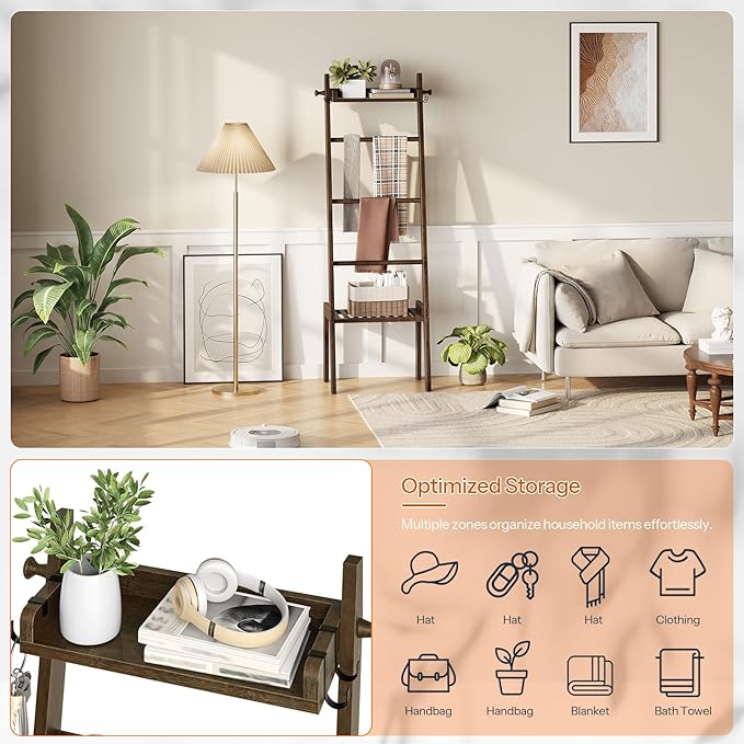 HOOBRO Blanket Ladder, 5 Tier Bamboo Ladder Shelf, Blanket Ladders for Living Room and Bedroom, Farmhouse Blanket Holder Rack for Storage and Home Decor, Decorative Towel Rack, Mocha MA91CJ01G1