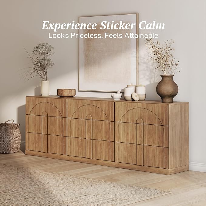 BELLEZE Sideboard Cabinet with 3 Drawers, Set of 3 Modern Wood Buffet Cabinet with Arc Design, Large Fluted Sideboard with Storage for Dining Room Living Room Entryway, Camel