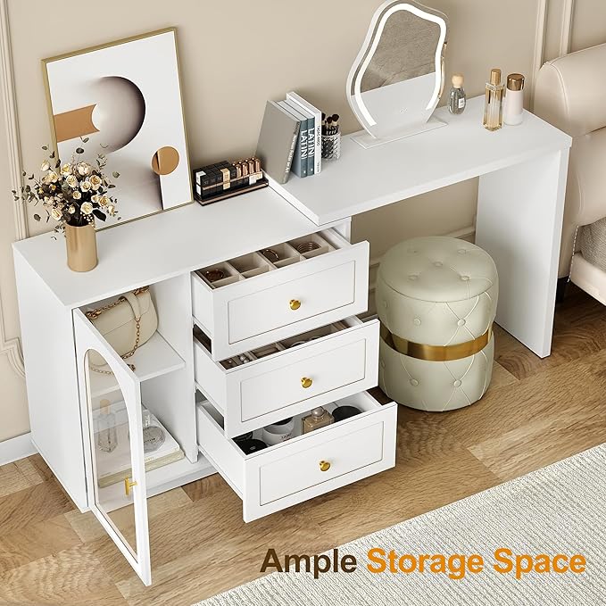 RoyalCraft 59” Makeup Vanity Desk, White Vanity Dresser Combo, Modern Dressing Table with 3 Drawer & 1 Door, Vanity for Bedroom, L Sharped Corner Table for Working, Drawing, Nail Care (Without Mirror)