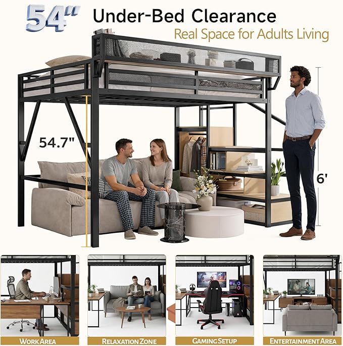 Mirightone Queen Size Loft Bed with Stairs and Storage, Metal Loft Bed Frame with Bedside Shelf and Large Under-Bed Space, Heavy-Duty Loft Beds for Adults Teens and Kids, Convertible Staircase, Black