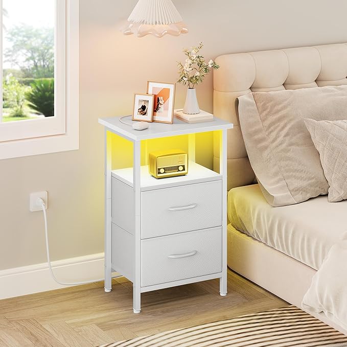 Vagusicc White Night Stand with Charger Station, LED Nightstand with 2 Fabric Drawers, Bedside Table with USB Ports and Outlets, Bed Side Tables with Storage Shelf, 24.2" Tall Nightstand for Bedroom