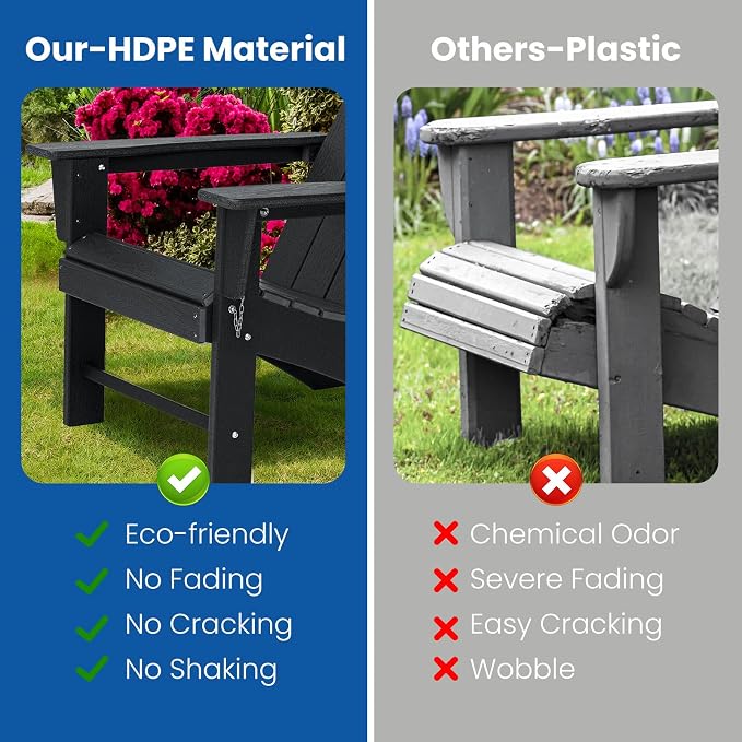 Folding Adirondack Chair with Ottoman Weather Resistant Foldable Fire Pit Chairs with Footrest HDPE Outdoor Adirondack Chair for Patio Front Porch Pool Garden Deck Fire Pit Outside, Black