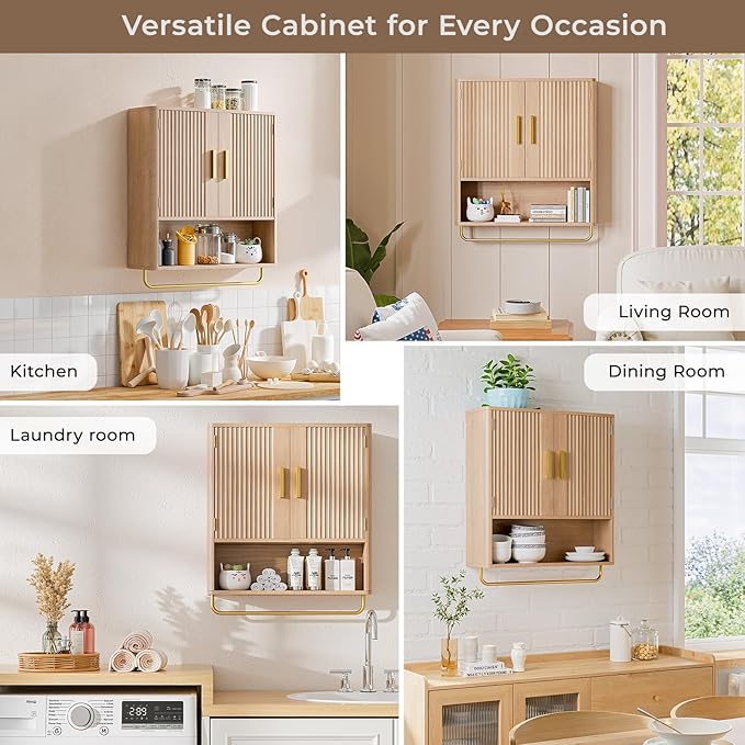 Memobarco Bathroom Wall Cabinet, Medicine Cabinet with Fluted Door & Adjustable Shelf, Over the Toilet Storage Cabinet with Towel Bar, Cabinet Wall Mount for Laundry Room & Kitchen, Wood