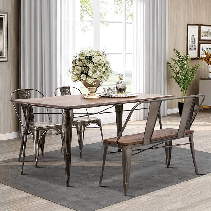 YOLENY Dining Bench, Farmhouse Metal Entryway Chair with Back, Industrial Mid-Century 3 Person Rustic Spindle Bench, with Wood Seat, Removable Backrest, 42in, Bronze