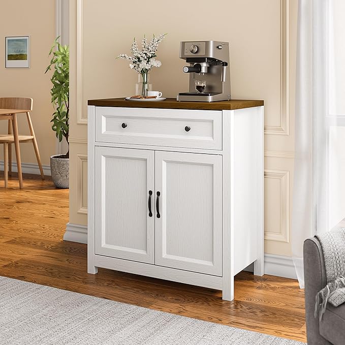 Gizoon Kitchen Storage Cabinet with Adjustable Shelf, Farmhouse Coffee Bar Sideboard Buffet with Large Drawer, Barn Door, 30"W x 15.6"D x 33.3"H Freestanding Cabinet for Kitchen, Living Room, Entryway