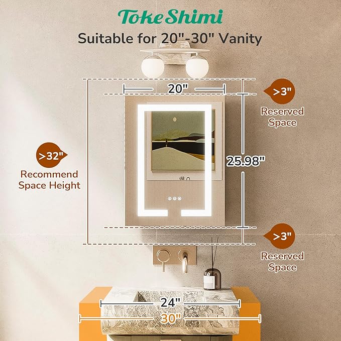 TokeShimi 20x26 Lighted Medicine Cabinet Mirrored 3 Color Dimmable, Led Medicine Cabinet Mirror with Lights and Outlet, 2-Side Led Bathroom Mirror with Storage, Anti-Fog, Recessed/Wall-Mount