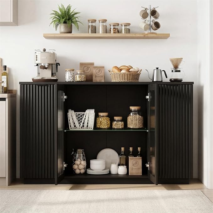 Einhomn 55" Sideboard Fluted Buffet Cabinet with Storage, Glass Doors & Led Lights, Coffee Bar Station with Adjustable Shelves, Modern Wood Cabinet for Kitchen, Living Room, Black