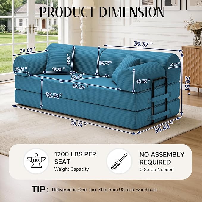 78.8" Convertible Sofa Bed with Detachable Arm Pillow, 6-in-1 Sectional Couches for Living Room, Corduroy Boneless Couch, Sleeper Loveseat Couch Bed, No Assembly, Azure Couch