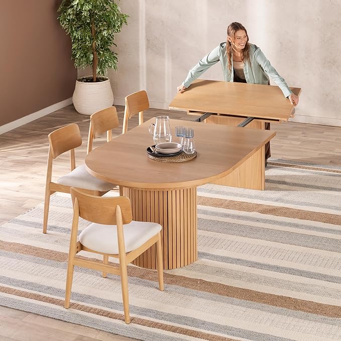 Transformer Table - Solid Wood Extendable Round Dining Table Set with 4 Chairs, Seats 4-10, Extendable Round Dining Set, Natural (Table + 4 Chairs)