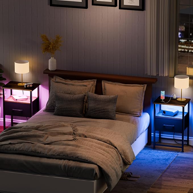 LAKEMID Nightstands Set of 2,Night Stand with Charging Station and Drawer,Bedside Table with 20 Colors LED Light Strip,End Table for Bedroom Living Room (Rustic Brown)