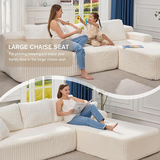 Hobestluk Modular Sectional Sofa Boneless Couch L-Shape Couch 3 Seat Modular Couch Memory Foam Sectional Couches for Living Room Furniture, Cloud Couch with Oversized Chaise (108" Right Facing Chaise)