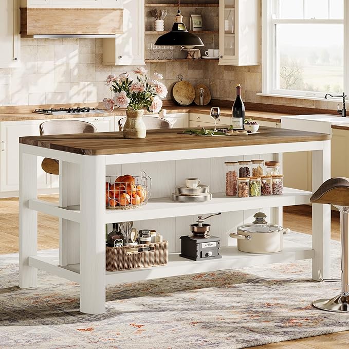 63-Inch Solid Wood Kitchen Island with Storage Shelves, Farmhouse Island Table with Seating, Counter Height Bar Table for Dining Room, Kitchen, Easy to Assemble, White and Brown