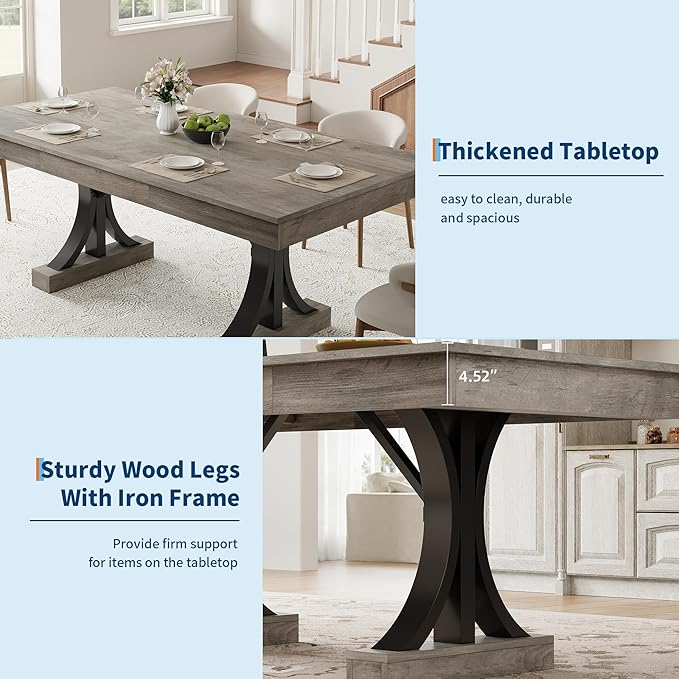 Garvee 71-Inch Dining Table with 2 Drawers,Rectangular Dining Table for 6-8 with Double Pedestal & Sturdy Frame, Industrial Wooden Kitchen Table with Large Tabletop, for Dinner, Rustic Gray