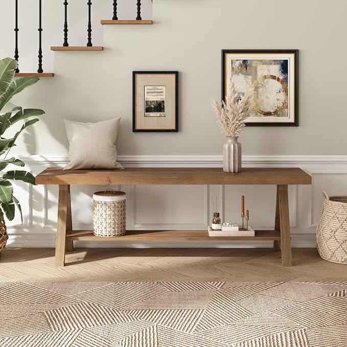 RowyPoey 54" Solid Wood Bench, Long Farmhouse Entryway Bench with Storage Shelf, Triangular Leg Design, Narrow Rustic Benches for Hallway, Bedroom, Dining, Kitchen, Easy Assembly