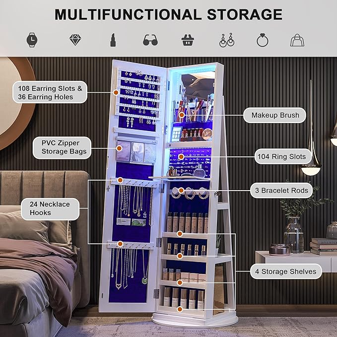 HNEBC LED Light Jewelry Organizer Mirror 360° Rotating, Jewelry Armoire with Door Mirror, Full Length Mirror Jewelry Cabinet, Mirror with Jewelry Storage, Large Jewelry Boxes & Organizers（B_White）