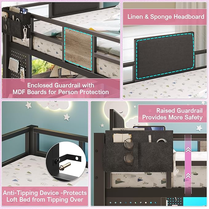 BYSAUD Full Size Loft Bed, Loft Bed Full Size, Bunk Bed with Desk, Loft beds with Desk,LED Lights & Charging Station,5 Drawer&1 Bedside Organizer,Safety Guardrail,Noise Free,No Box Spring Needed,Gray