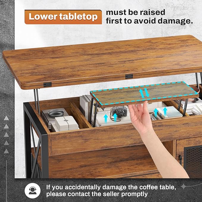 Itaar 40" Lift Top Coffee Table, 4 in 1 Coffee Tables with Storage Cabinet for Living Room, Small Farmhouse Coffee Table with 2 Fabric Drawers & LED Light for Dining Room, Rustic Brown