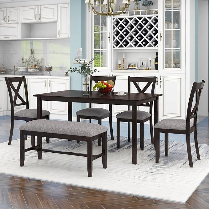 Harper & Bright Designs 6 Piece Kitchen Dining Table Set Wooden Rectangular Dining Table Set for 6, 4 Fabric Chairs and Bench Family Furniture (Espresso)