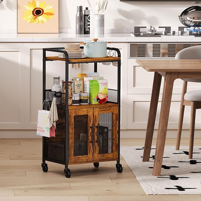 Hencawima Small Coffee Bar Cabinet with Storage, 3-Tier Rolling Coffee Bar Table, Farmhouse Coffee Cart Station with 2 Doors for Living Room, Dining Room, Rustic Brown
