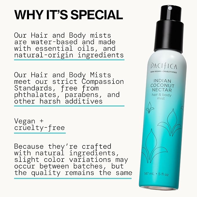 Pacifica インディアンココナッツネクター ヘアミストパフューム＆全身スプレー（女性用） - ティアレ、シュガー、バニラ、アーモンド＆アンバーの香りのボディミスト。クリーンビューティー、アルコールフリー、ヴィーガン＆クルエルティフリー、5オンス