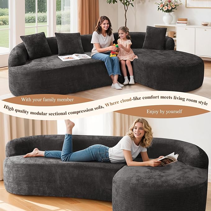 99" Curved Sectional Sofa with Chaise, Modern Boneless Couch with Deep Seat, L Shaped 3-Seater Cloud Couch for Living Room, No Assembly Needed, Chenille (Black, Right Chaise+Left Sofa)