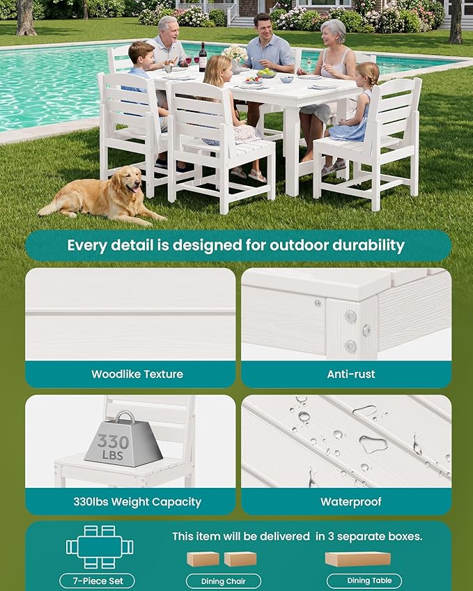 SERWALL Patio Dining Sets for 6 Person, HDPE Dining Set with 6 Armless Chairs, White