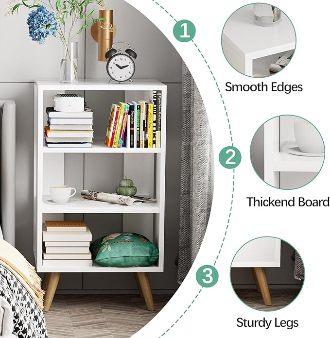 Aenuert Night Stand, White Nightstand, Modern End Table with Open Storage, 3-Tier Wooden Bedside Table for Small Space, Living Room, Bedroom