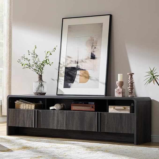 AMERLIFE 70" Modern TV Stand for TVs up to 80", Fluted Wood Entertainment Center with Storage Cabinets, Media Console Table for Living Room, Black