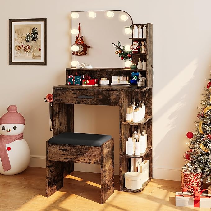 wanan Makeup Vanity with Chair, Small Vanity Desk with Mirror and Lights 3 Colors, Girls Vanity Set with Power Outlet, Compact Vanity Table for Small Space, Vintage Brown
