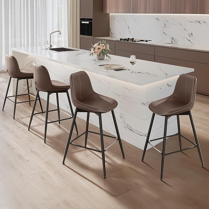 VASAGLE Bar Stools Set of 4, Counter Height Bar Stools with Back, Ergonomic Backrest, Synthetic Leather, Metal Legs, 24.8-Inch Tall Barstools for Kitchen Island Home Bar, Easy Assembly, Coffee Brown