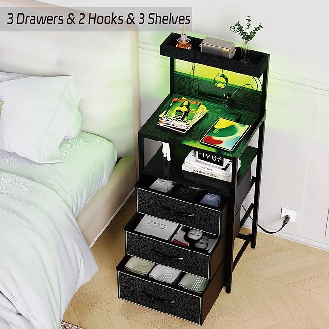 SZLHANJZ LED Nighstand with Charging Station, Night Stand with 3 Drawers and LED Lights, Storage Side Table with 3 Shelf and Hooks, Bedroom End Table for Bedside, Modern Black